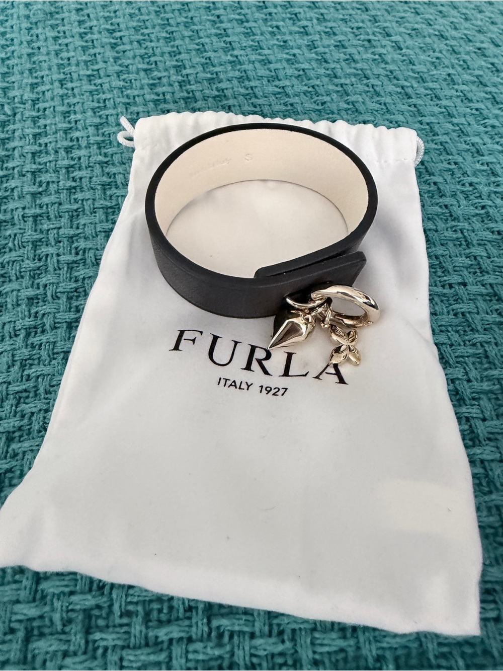 Furla Black Leather Cuff with Gold Pendant Charms